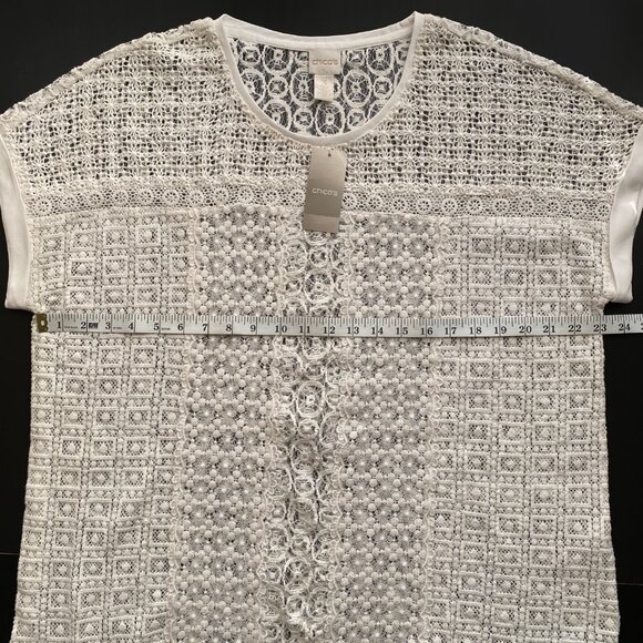 Chico's NWT ($79) Size 3 (XL) White Lace Crochet Sheer Cotton Blend Top Blouse - Picture 3 of 7